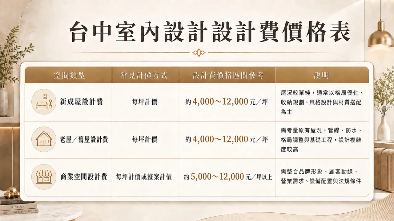 台中室內設計費用一坪多少?新成屋、老屋翻新、商業空間設計費與工程費整理 圖2
